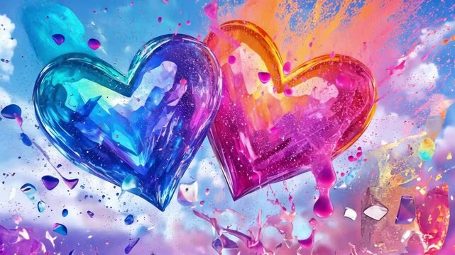 Two vibrant crystalline hearts in explosive colors against a bright sky background. The 14th of February. Happy Valentine's Day