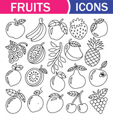 Set of black various fruits icons. Minimalist Line Art Collection of Various Fruits Icons – Apple, Banana, Grape, Pineapple, and More. 