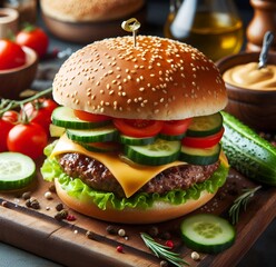 Classic Beef Burger on a Wooden Board