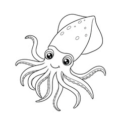 Cute Smiling Cartoon Octopus Illustration for Kids Coloring Pages

