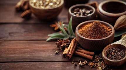 Various spices in wooden bowls for cooking concept flavor food ingredients natural organic aromatic texture cuisine