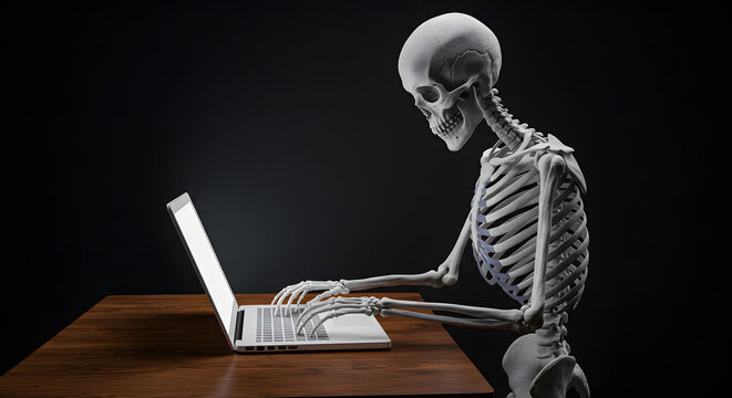 Skeleton Using Laptop on Desk