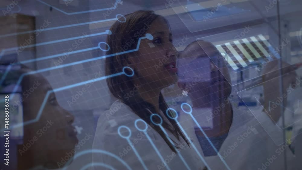 Poster researchers in lab coats using transparent touchscreen in tech lab showing blue circuit overlay