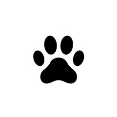 A simple yet iconic black paw print silhouette, featuring four distinct toe pads and a larger metacarpal pad, isolated on a clean white background.