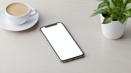 Smartphone Mockup with Blank Screen, Coffee Cup, and Plant on Desk smartphone mockup coffee plant ai