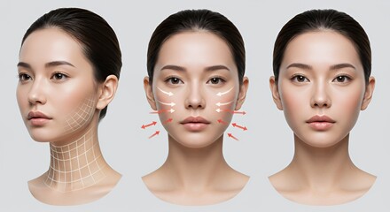 Asian Woman Demonstrating Cosmetic Procedure with Before and After Result With Dotted Lines and Red Arrows in a Skincare and Beauty Context