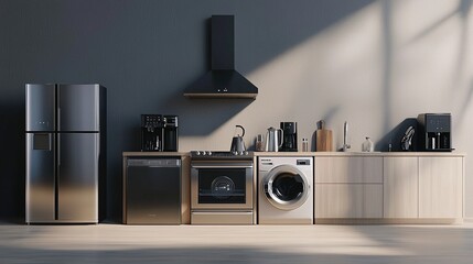 A modern kitchen set featuring a refrigerator, coffee machine, oven with electric stove, and washing machine, captured with hyper-realistic details in a light wooden floor setting. 