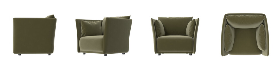 green velvet cushioned armchair furniture multiple view isolated..