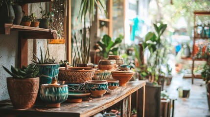 Rustic pottery and green plants in artisan studio with natural light photography composition decor setup scene