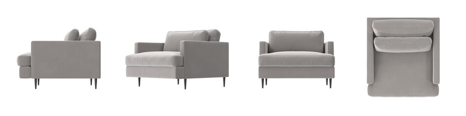 light gray fabric armchair with slim metal legs and boxy frame multiple view isolated.