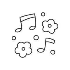 Cute floral illustration. Gentle design featuring flowers and musical notes. Hand drawn monochrome illustration isolated on a white background. Kawaii sticker. Vector 10 EPS.