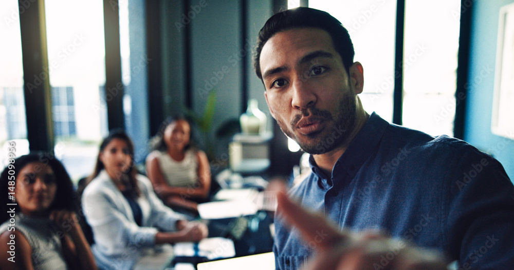 Poster meeting, presentation and discussion with business man in office for consulting, planning and advice