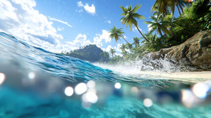 Photorealistic image of lush tropical island with clear blue water, palm trees, and rocky shoreline, evoking serene atmosphere