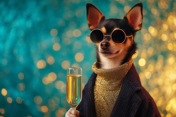 Dog in a suit at a party with a glass of champagne. Happy New Year greetings from a dog. Christmas card from a dog