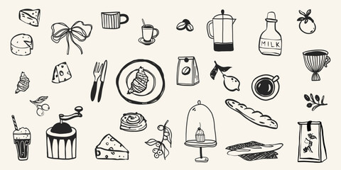 Coffee breakfast food doodle hand drawn in simple line style. Vector crayon chalk whimsical illustration for party, menu illustration design, restaurant, cafe. 