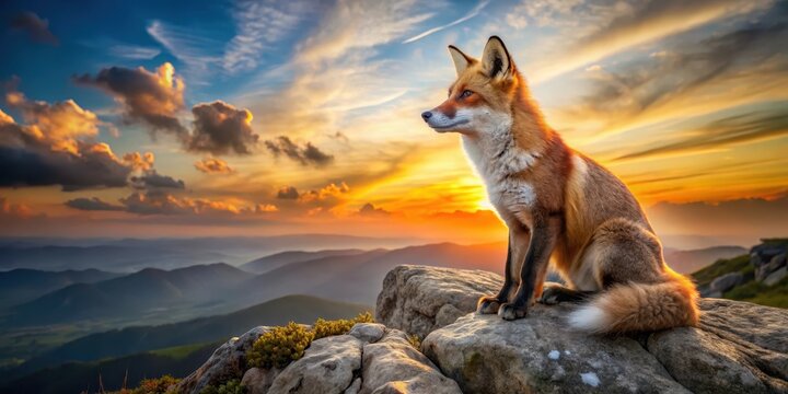 Red fox sitting alone on a rocky outcrop with a breathtaking sunset in the background, sunset, wildlife,  sunset