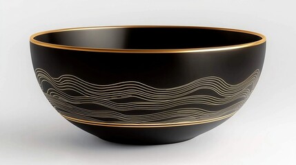Elegant black bowl with golden wave pattern on white background.