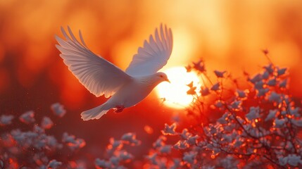 White dove soaring at sunset