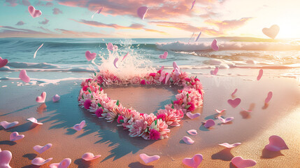 Heart-shaped flower pattern arranged on sandy beach symbolizing love and nature
