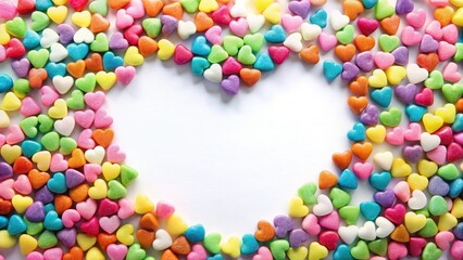 Colorful candy hearts scattered on a white background , holiday snacks