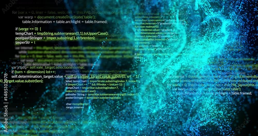 Poster overlay of source code and digital particle streams flowing in flat design, with neon code glow