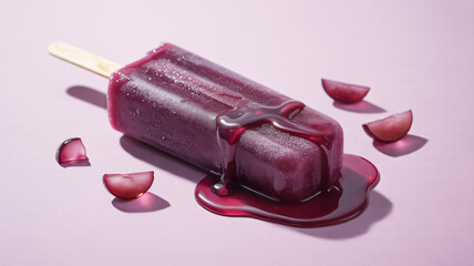 Purple grape popsicle melting slowly close-up view on a pastel backdrop professional food photograph