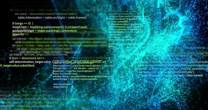 Overlay of source code and digital particle streams flowing in flat design, with neon code glow