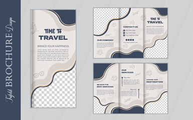 Tri fold brochure design with mockup. Travel brochure design, corporate business template for tri fold flyer. Layout with modern photo and abstract circle background. Creative concept folded flyer.