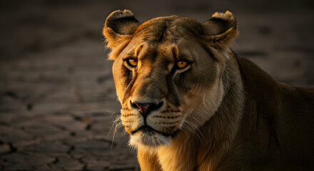 Obraz premium Lioness Portrait in Warm Light on Cracked Earth
