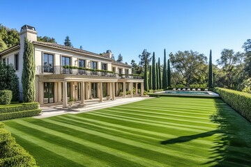Obraz premium Luxury modern house with manicured green lawn and palm trees under a bright sunny sky