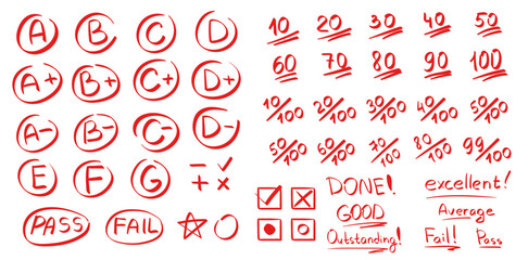 Red pen grade marks and test symbols. Vector Hand drawn school scores from A+ to F, percentages, checkboxes, stars, and comments Excellent and Fail. Doodle exam elements for educational design.  © Foxelle