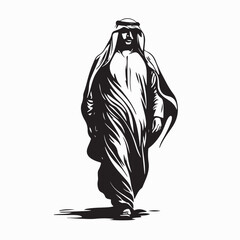 Bedouin in National dress standing in the desert Silhouette vector on white background.
