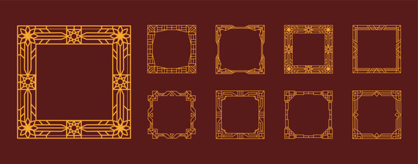 Frame vintage. Line geometric luxury gold square framework. Art deco sign abstract. Gatsby decoration banner border. Retro graphic ornament, wedding design. Vector Victorian tidy element isolated set