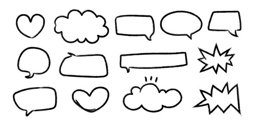 Fototapeta premium Cute crayon speech bubble set in doodle style. Hand drawn chalk balloons for dialog, talk, and chat. Funky sketch frames, colorful pencil clouds, and geometric shapes. Vector illustration