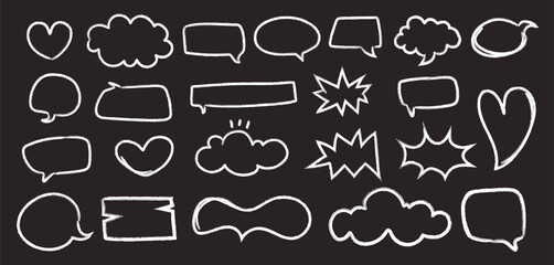 Cute crayon speech bubble set in doodle style. Hand drawn chalk balloons for dialog, talk, and chat. Funky sketch frames, colorful pencil clouds, and geometric shapes. Vector illustration