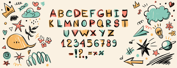 Obraz premium Pastel crayon kids font with playful doodles. Hand-drawn alphabet, numbers, and symbols surrounded by cute sketchy elements like stars, clouds, crowns, and paper planes. Fun school-style vector set.