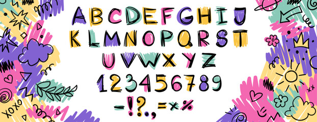 Crayon kids font, doodle funny playful alphabet, hand drawn letters and numbers. School wax crayon abc for educational banners, school, kindergarten. Vector cartoon children illustration