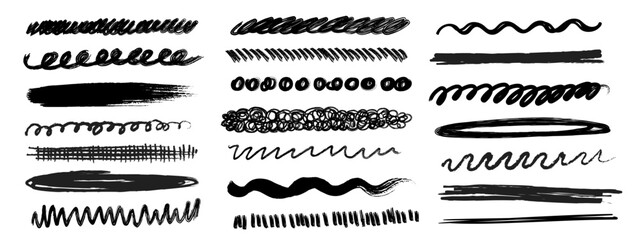 Obraz premium Charcoal and crayon pencil stroke vector collection. Horizontal hand-drawn lines, thin and bold textures. Grunge scribbles, chalk brush marks, pastel smears, pencil dividers. Rough textured underlines