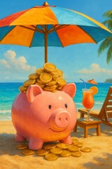 A pink piggy bank filled with coins rests on a beach under a colorful umbrella on summer day.