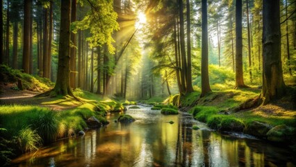 Forest in sunlight with forest stream, sunlight, landscape,  sunlight, landscape, foliage,green forest