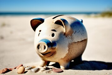 A charming ceramic piggy bank sits on a sandy beach, bathed in warm sunlight near the ocean.