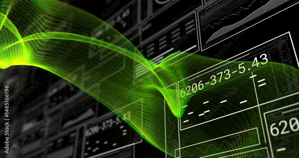 Poster translucent green mesh waveform flowing across dashboard interface, showing schematic data panels