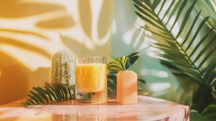 Citrus drink with green leaves on pink background for healthy juice refreshing tropical beverage lifestyle image