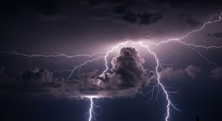 Lightning storm representing power and intensity with dark clouds in the night sky