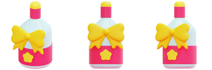 Set of Pink Bottle with Yellow Bow Gift 3d Render Icon Illustration