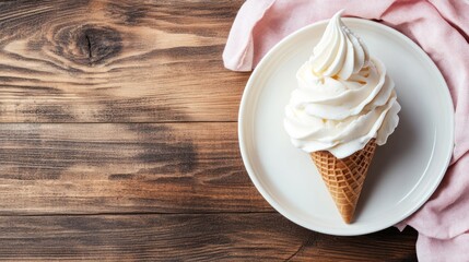 Vanilla soft serve ice cream cone on wooden table