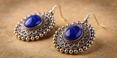 Obraz premium Afghan silver earrings with lapis lazuli gemstones on a beige background, close-up, precious stone