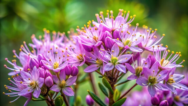 Close-up shot of Ledum palustre flowers with delicate purple petals and golden anthers, set against a soft focus background of lush green foliage , western siberia, botanical photography