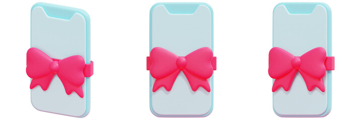 Set of Views of a Light Blue Smartphone Case Decorated with a Pink Bow 3d Render Icon Illustration