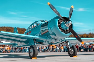 Vintage turquoise propeller airplane at outdoor aviation event with crowd